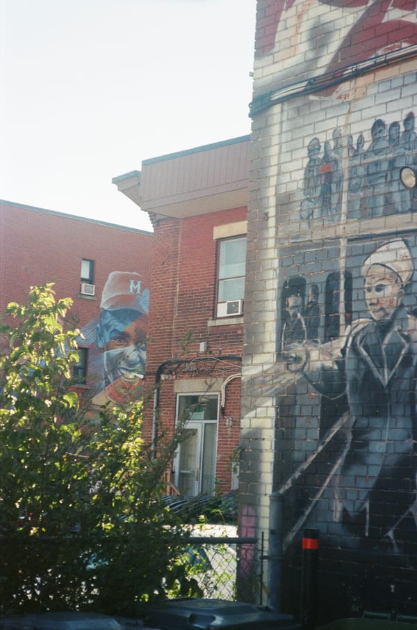 Brick walls painted with murals of a man in a cap and figures in grey tones, a bush in the foreground, in Montreal, Canada