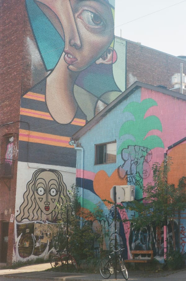Colourful murals of stylised faces and palm leaves covering brick buildings, bicycles parked below, in Montreal, Canada